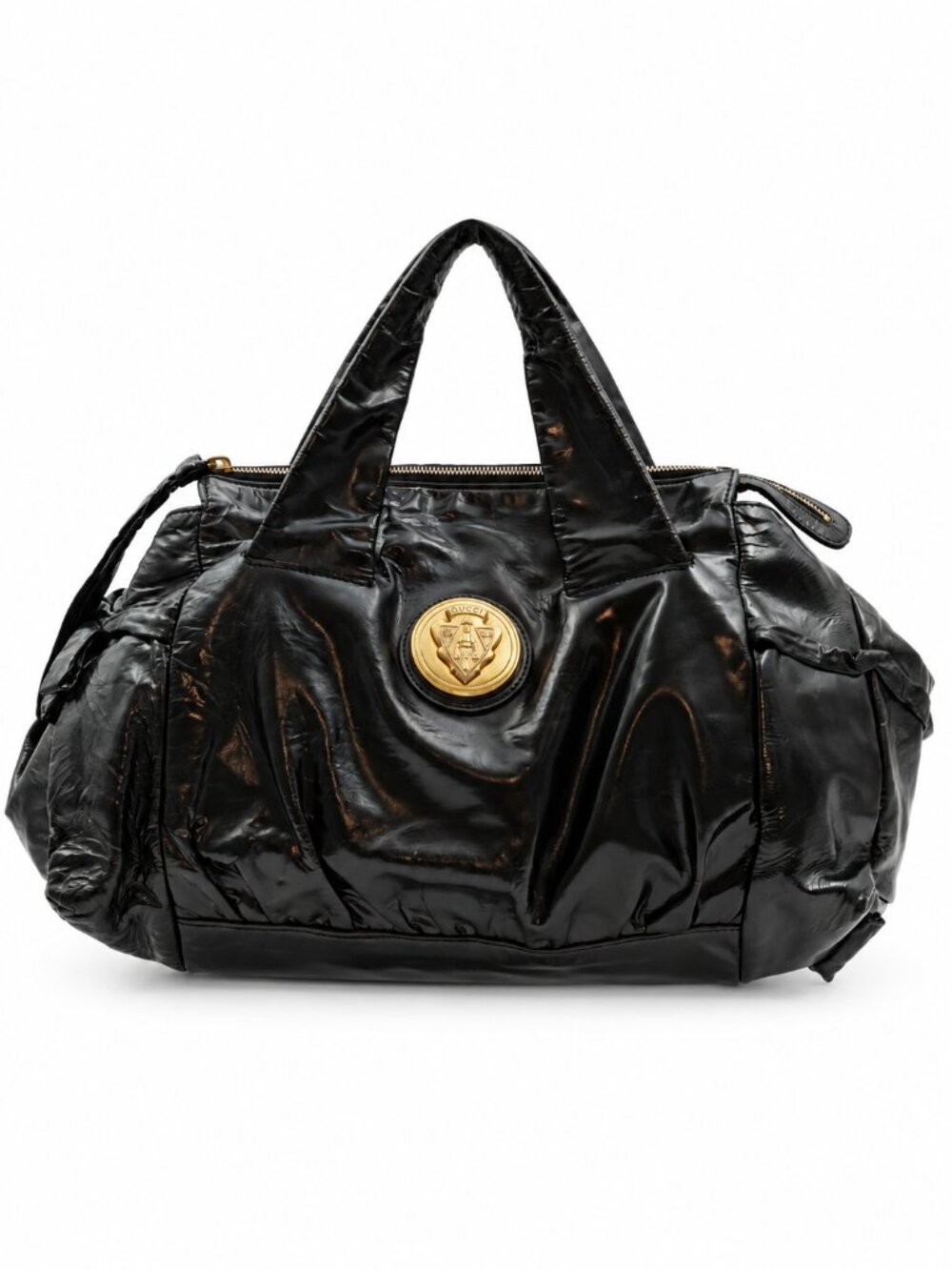 Gucci Hysteria Black Patent Leather Top Handle Bag Gold Crest Medallion